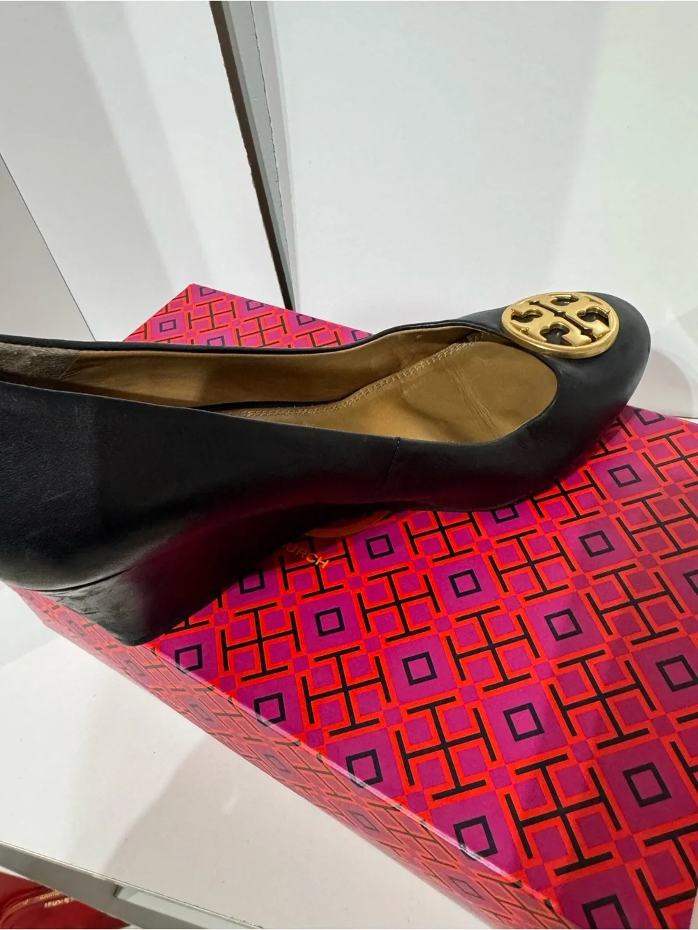 Tory Burch Black Leather Wedge with Gold Logo